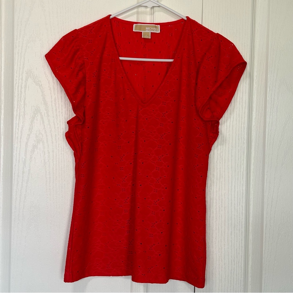 Michael Kors Red Flutter Sleeve Blouse Eyelet Small